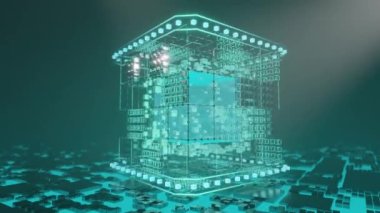 Kristal kafesli soyut parlayan bir küpün 3 boyutlu animasyonu. Ortada büyük bir küp var. Bir enerji santrali fikri, güçlü bir hesaplama merkezi, kuantum işlemcili bir kuantum bilgisayarı.