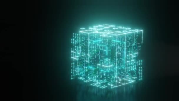 Loop Animación Cubo Neón Conjunto Puntos Líneas Cubo Teseracto Sobre — Vídeos de Stock