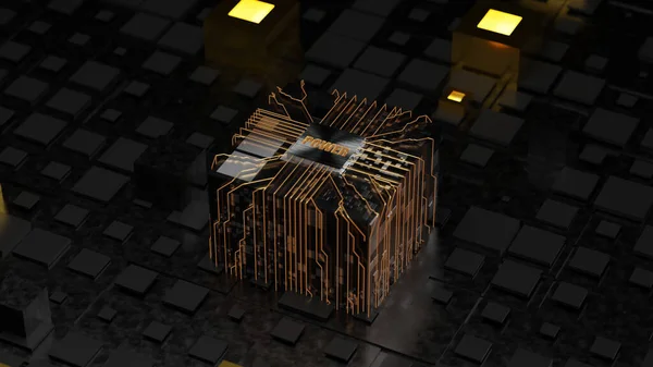 3d rendering of an abstract background of cubes and tiles. A large cube in the center with a platinum plaque and the text POWER. Golden lines of energy flows diverge to the sides.