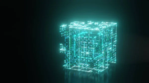 Renderização Cubo Néon Abstrato Sobre Uma Superfície Reflexiva Preta Tesseract — Fotografia de Stock