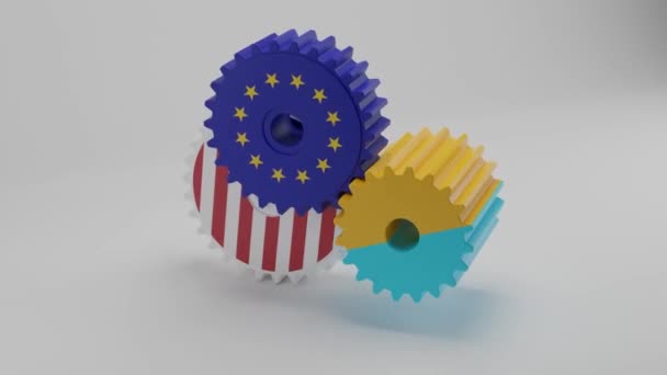Loop Animation Mechanism Gearbox Three Gears Flags European Union Usa — Stock Video