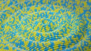 Birçok sütun ve sarı ve mavi renkli çubuklardan oluşan bir yüzeyin 3d döngüsü. Yüzey hareket halinde. Eş merkezli pürüzsüz dalgalar iki tarafa ayrılır. Etkileşimin soyut illüstrasyonu