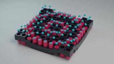 Geometrik şekillerin, küplerin, silindirlerin ve altıgenlerin 3 boyutlu animasyonu. Rakamlar konsantrasyon dalgalarının kaymasını sağlıyor. Bir geometrik şekil ve hareketler kümesi.