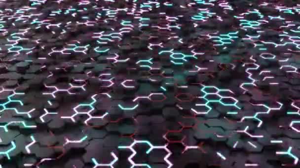 Animáció Absztrakt Futurisztikus Háttér Sok Hatszög Neon Megvilágítás Formájában Hatszögek — Stock videók