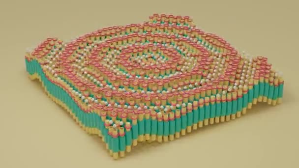 循环3D动画的许多管道和戒指 球从管子里飞出来 然后再飞回来 同心圆的波浪运动 几何构图摘要 — 图库视频影像