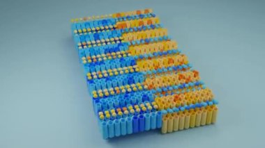 Silindirlerin 3D animasyon döngüsü, topların çıktığı tüpler. Sarı ve mavi tonlarda soyut kompozisyon. Güzel hareket tasarımı.