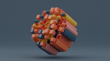 Bir dizi borunun üç boyutlu soyut animasyonunu ve küp ve topların dışarı uçup geri döndüğü kare profili döndür. Geometrik soyut canlandırma.
