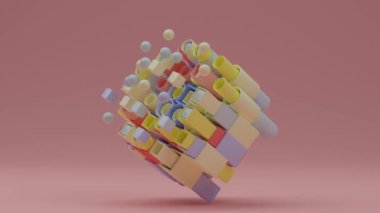 Hareket halindeki kare ve yuvarlak boruların 3D döngü animasyonu. Borulardan küpler ve küreler fırlıyor. Soyut kompozisyon, geometrik şekillerin güzel bir kombinasyonu ve karşılıklı hareketleri..