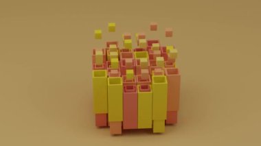 Geometrik şekillerin, boruların, silindirlerin, küplerin ve kürelerin soyut döngü animasyonu. Karşılıklı hareket eden nesneler, kaos ve düzen fikri. Arkaplan canlandırması.