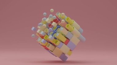 Geometrik şekillerin, boruların, silindirlerin, küplerin ve kürelerin soyut döngü animasyonu. Karşılıklı hareket eden nesneler, kaos ve düzen fikri. Arkaplan canlandırması.