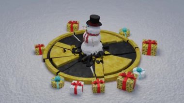 Radyasyon işaretinin ortasında hediyeler olan bir kardan adamın 3 boyutlu animasyonu. Sembol yok edildi. Tehdit geçti. Barışçıl bir atom fikri ve nükleer enerjinin doğru kullanımı.