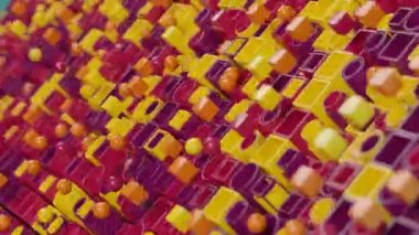 Soyut geometrik arkaplanın 3d döngü animasyonu. Bir sürü yuvarlak ve kare şeklinde boru var. Küpler ve küreler dışarı uçuyor ve geri dönüyor. 3D grafik sanatı