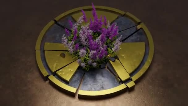 Pętla Animacja Zniszczonego Znaku Radioaktywnego Zagrożenia Metalu Krzew Szałwii Kwiaty — Wideo stockowe