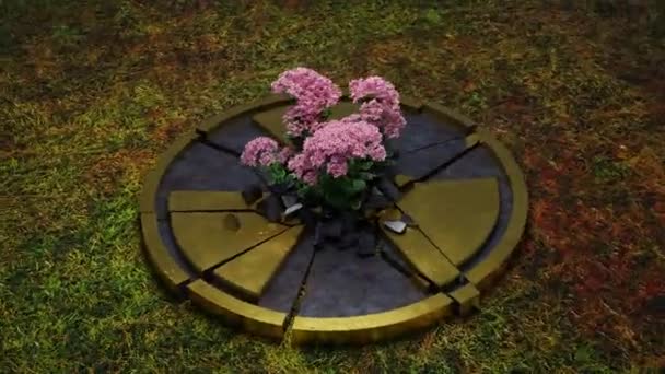 Pętla Animacji Zniszczonego Znaku Promieniowania Metalowy Znak Leży Trawie Kwiat — Wideo stockowe