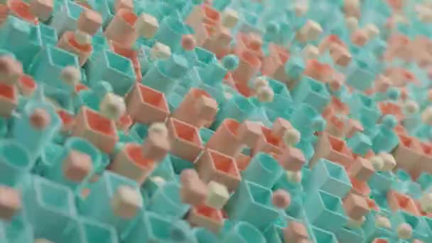 幾何学的なオブジェクトのセットの動きのループ3Dアニメーション パイプとボールを持つキューブが飛んで戻ってくる ピンクと青の繊細な色合いの幾何学的背景 — ストック動画