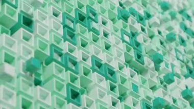 Birçok kare boru ve küpün soyut bir arka planının üç boyutlu animasyonu dışarı uçar ve borulara geri döner. Geometrik soyutlama, bir dizi geometrik nesne. Yeşil arkaplan.