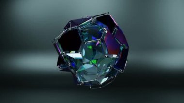 Altıgen ve çokyüzlü segmentlerden yapılmış soyut bir kristalin üç boyutlu animasyonu ve bir kristal kafes. Fütürist bir nesnenin 3D görüntülenmesi, şekil değiştiren bir obje