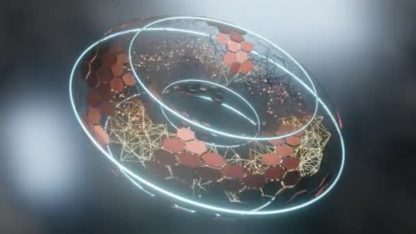 抽象的な形のループ3Dアニメーション トーラス グリッドと六角形のリング そして宇宙と霧の中で輝く要素 概要素晴らしいオブジェクトデザイン 未来的背景 — ストック動画
