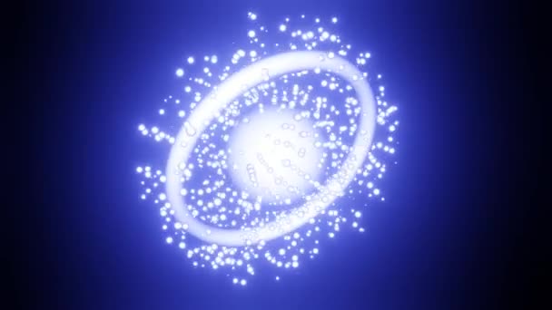 明るい粒子を放出する球およびリングの3Dアニメーションをループします 粒子は離れて飛び交い 消えていく 抽象的な素晴らしいコンポジション — ストック動画