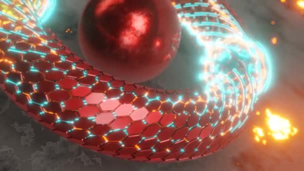 素晴らしいリングの3Dアニメーション 六角形のセグメントのトーラスをループします 輝くプラズマボールがリングに沿って動きます 中央は赤い球体です 熱核発電所の抽象的なアイデア — ストック動画
