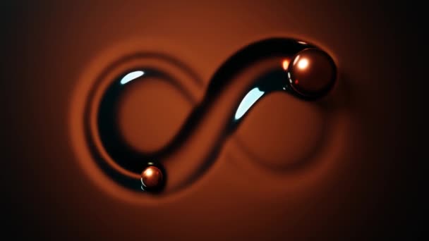 循环3D动画巧克力背景 两个球体沿着棕色漆面运动 留下一个消失的痕迹 其形式为数学无穷符号 — 图库视频影像