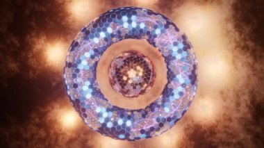 Fantastik bir Torus 'un 3 boyutlu animasyonu. Altıgen elementlerden ve parlayan ışıklardan oluşan bir halka. Merkezde altıgenlerin çekirdeği var. Fütürist tasarım, soyut arkaplan.