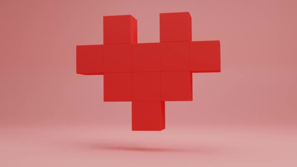 Smyčka Animace Červeného Srdce Pixelů Kostek Kvalita Přehlednost Modelu Zvyšuje — Stock video