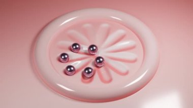 Pembe bir yüzey ve hareket eden metal topların 3 boyutlu animasyonu ve papatya yaprağı şeklinde yumuşak, kaybolan bir iz bırakıyor. 3D tasarım ve animasyon sanatı
