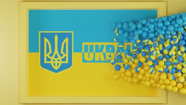 3D动画 用三叉戟和球将乌克兰国旗倒入容器 这些球形成了一个图案 一个带有符号的乌克兰国旗 乌克兰国徽 一个三叉戟 — 图库视频影像