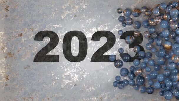 Animation Des Datums 2023 Des Ausgehenden Jahres Viele Schwarze Kugeln — Stockvideo