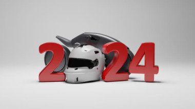 2024 yılının 3D yılbaşı animasyonu ve yüksek hızlı yarış fütüristik motosikleti. Sıfır yerine motosiklet kaskı. 2024 yılının spor müsabakaları fikri.