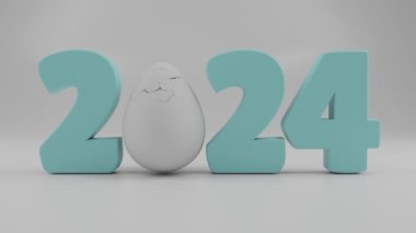 2024 yılının 3D animasyonu ve bir tavuk yumurtasından çıkan koronavirüs. Sorunlu bir yıl fikri. 2024 virüsü..