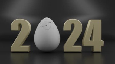 2024 yılının 3D animasyonu ve bir tavuk yumurtasından çıkan koronavirüs. Sorunlu bir yıl fikri. 2024 virüsü..
