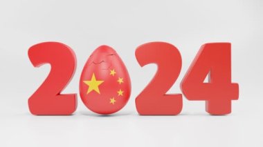 Kırmızı 2024 yılının 3d animasyonu. Çin bayrağı taşıyan bir yumurta, Rusya bayrağı taşıyan bir koronavirüs yumurtlar. Destek, ittifak ve himaye fikri. 2024 'te siyasi sendikalar