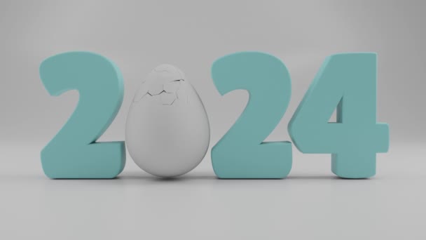 2024年新年の日付と鶏卵から孵化したコロナウイルスの3Dアニメーション 問題のある一年のアイデア 2024年のウイルス — ストック動画