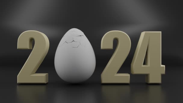 2024年新年の日付と鶏卵から孵化したコロナウイルスの3Dアニメーション 問題のある一年のアイデア 2024年のウイルス — ストック動画