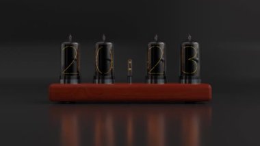 2024 yılının 3D yılbaşı animasyonu. Gaz boşaltım lambası göstergesinde yeni yıl 2024 'ün başlangıcı. Eski bir zaman sayma aygıtının 3D görüntülemesi.