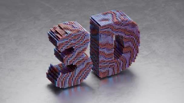循环3D动画3D图形符号 3D文本 文字由许多像素 立方体和具有不断变化的纹理的球组成 一种金属底座上的金属颗粒制成的符号 — 图库视频影像