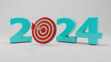 2024 yılının 3D görüntüsü ve dart ve oklar için bir spor hedefi. Dart hedefi vurdu. 2024 yılındaki spor başarıları ve başarı fikri. Görüntü