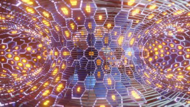 3D görüntüleme, bir torus, bir yüzük, bir simit. Borunun iç kısmının teknolojik illüstrasyonu. Bir sürü altıgen ve ızgaradan oluşan bir torus. Çekirdek merkezde..