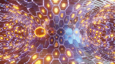 3D görüntüleme, bir torus, bir yüzük, bir simit. Borunun iç kısmının teknolojik illüstrasyonu. Bir sürü altıgen ve ızgaradan oluşan bir torus. Çekirdek merkezde..