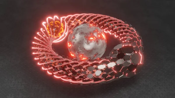 3D渲染一个抽象的圆环 一个百吉饼 一个由六边形和一个内有等离子球的网格构成的几何图形 纯热核能源的概念 — 图库照片