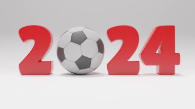 Döngü 3 boyutlu animasyon. Yeni yıl tarihi 2024 ve futbol topu. 3D spor animasyonu, spor müsabakaları fikri, 2024 Futbol Dünya Kupası