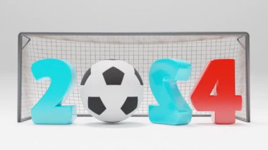 Döngü 3 boyutlu animasyon. Futbol kalesi ve futbol topu. Yeni yıl tarihi 2024. Futbol sahasında spor müsabakaları ve zaferler fikri.