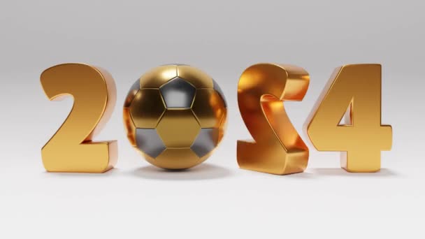 黄金のサッカーボールの3Dアニメーションと2024年の黄金の日付をループします スポーツの成功と将来の新年2024年の成果のアイデア — ストック動画