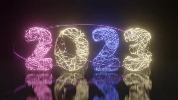 新年3D动画 新的2024年的日期来自于许多闪亮的线和结 出现在反射面上方的黑暗中 新年横幅的3D动画 — 图库视频影像