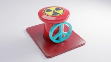 Kırmızı düğmenin 3D animasyonu ve radyasyon işareti. Nükleer füze fırlatma girişimi başarısız oldu. Düğme bir barış sembolü olan barışseverlik işareti tarafından tıkandı. Atom savaşını engelleme düşüncesi