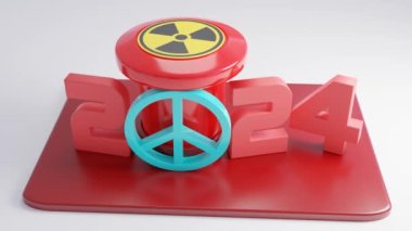 Döngü 3 boyutlu animasyon. Nükleer bomba ve füze fırlatmak için bir düğme. Düğme pasifizm işaretiyle tıkandı. Yeni Yıl 2024, 2024 'te savaşı bitirme fikri.