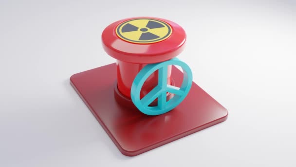 赤いボタンと放射線サインの3Dアニメーションをループします 核ミサイル発射の試みは失敗する ボタンは平和の象徴である平和主義のしるしによってブロックされます 原子力戦争を阻止するという考え — ストック動画