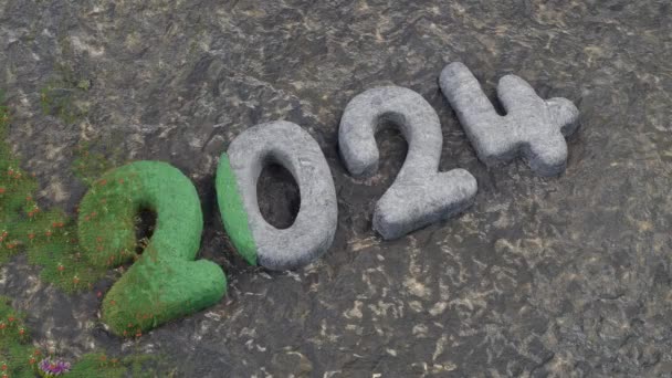 3D动画的石碑 日期为2024年 石头开始长满了草和花 生态的未来 为环境的纯洁而奋斗的理念 — 图库视频影像